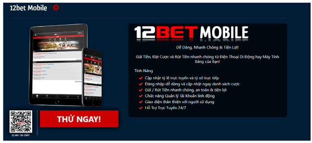 Giao diện cá cược ứng dụng 12Bet trên mobile hiện đại