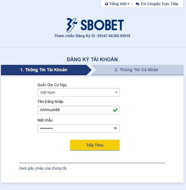 Biểu mẫu đăng ký tài khoản chơi tại nhà cái Sbobet